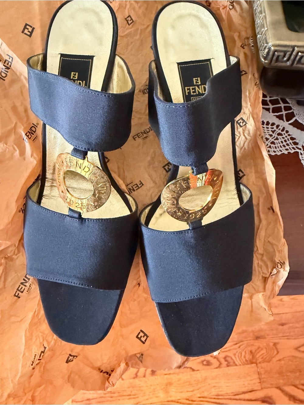 Fendi Black Satin Slide Sandals with Gold Logo Medallions